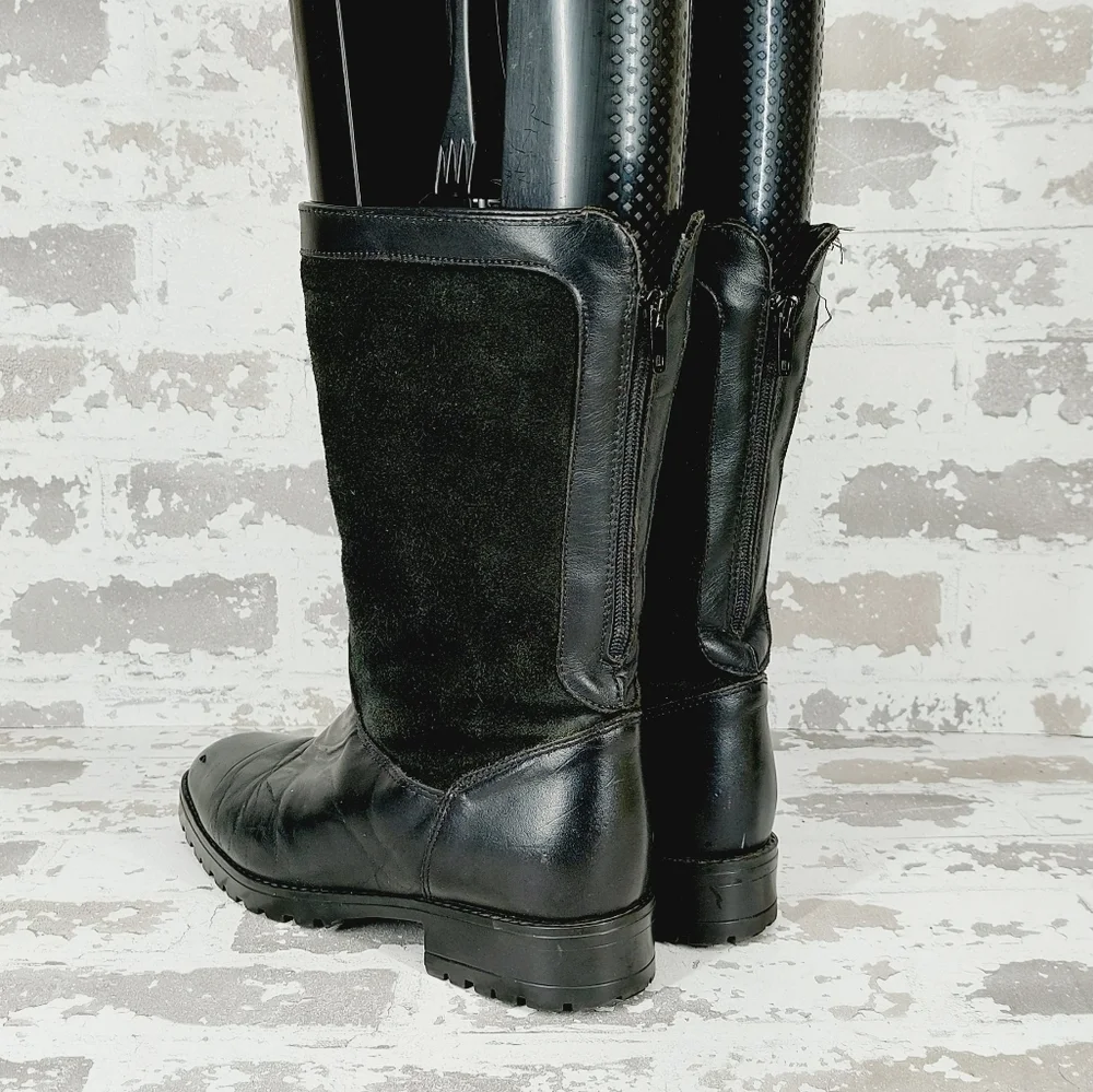 Regence Canada Black Leather And Suede Back Zipper Mid-Calf Boots T695